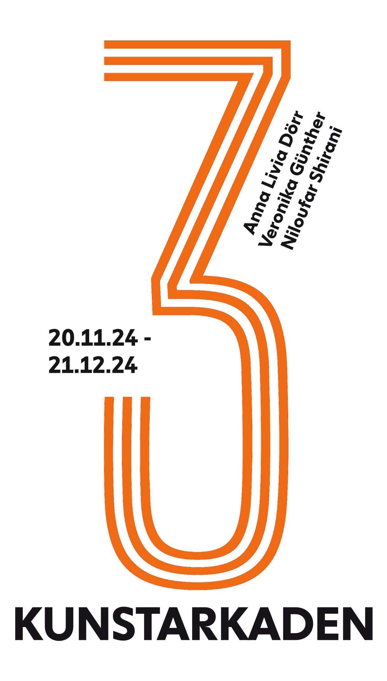 Vorderseite des Flyers, zu sehen ist eine formatfüllende, orangefarbene Zahl drei als Grafik. Zu lesen sind die Namen der Künstlerinnen Anna Livia Dörr, Veronika Günther, Niloufar Shirani